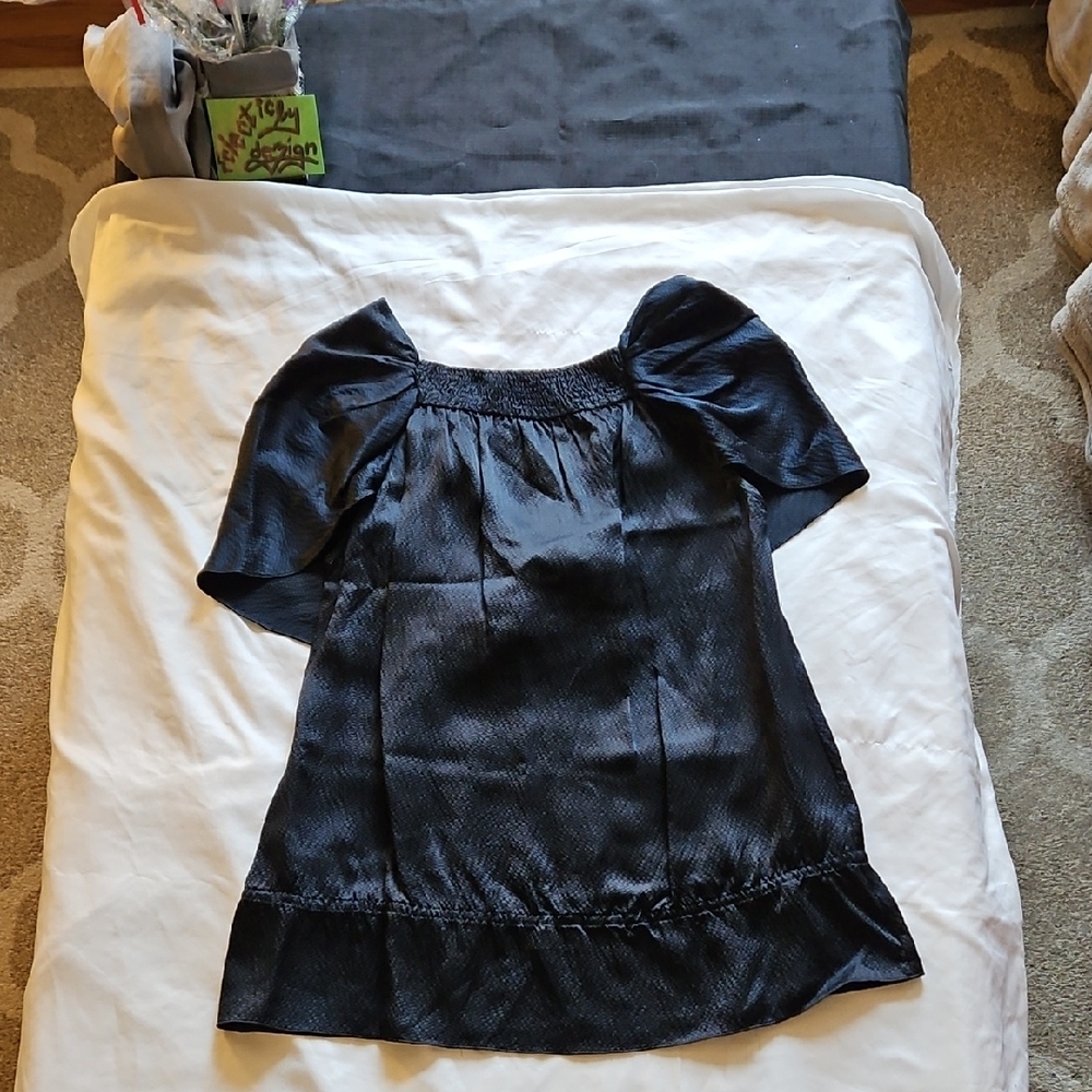 BCBGMaxAzria Black Satin Drape Sleeve Top